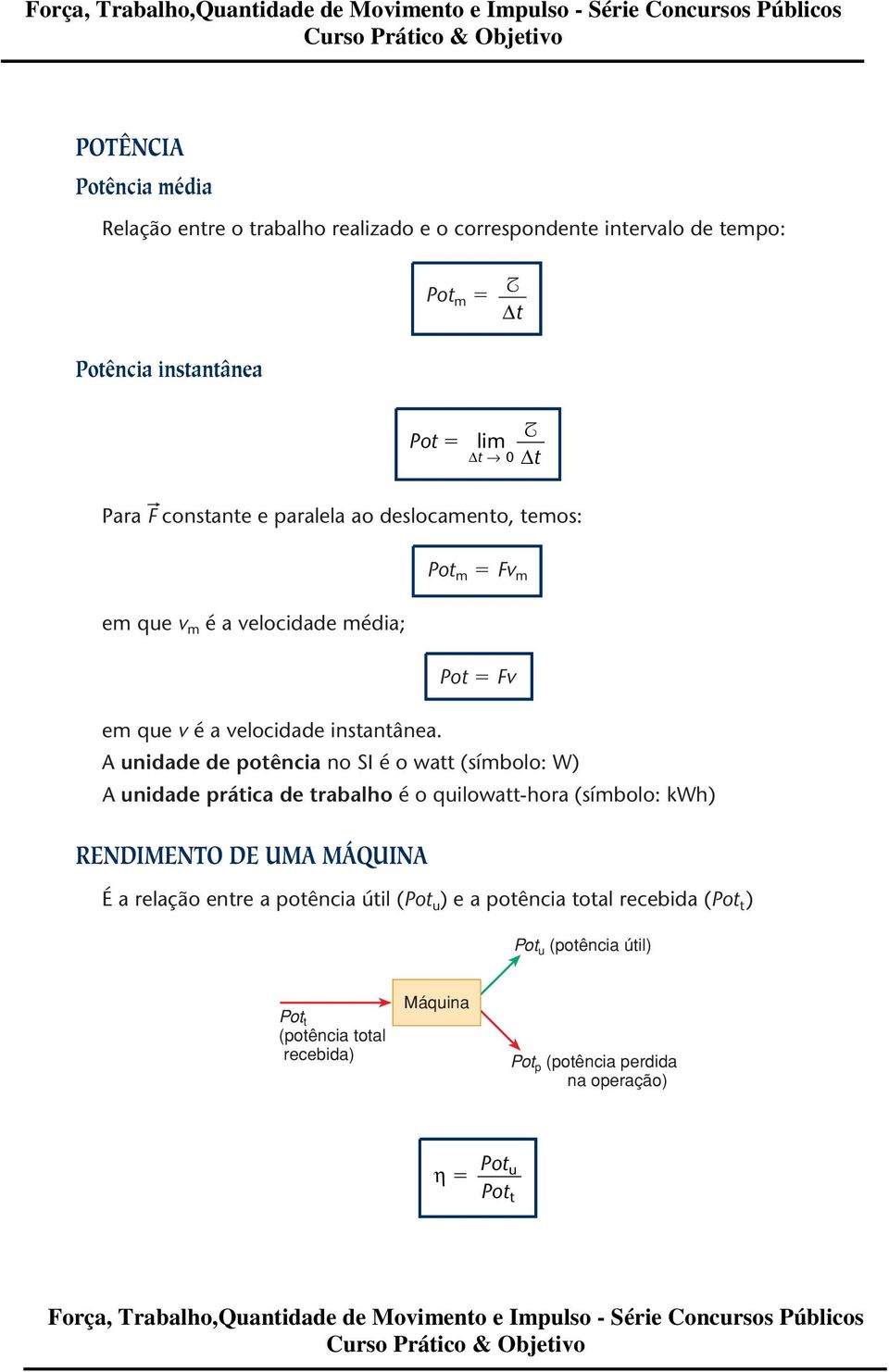 unidade de potência no SI é o watt (símbolo: W) unidade prática de trabalho é o quilowatt-hora (símbolo: kwh) RENDIMENTO DE UM MÁQUIN É a relação entre a potência útil (Pot u ) e a potência