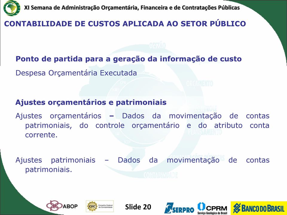 Ajustes orçamentários Dados da movimentação de contas patrimoniais, do controle orçamentário