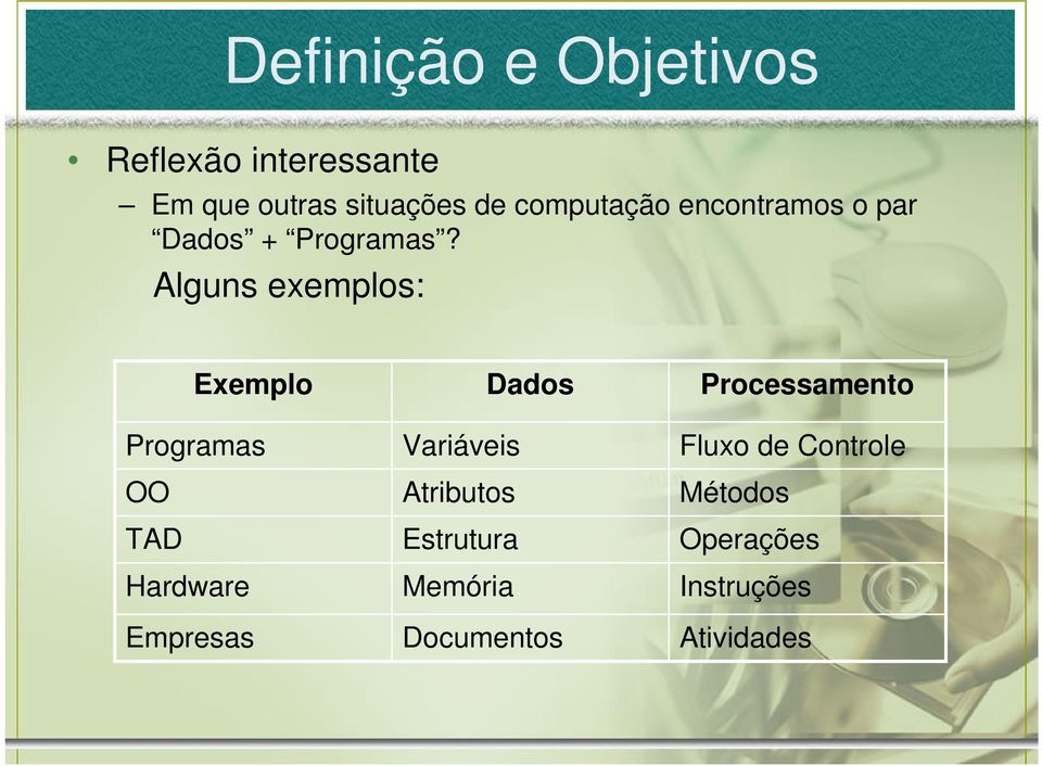 Alguns exemplos: Exemplo Programas OO TAD Hardware Empresas Dados Variáveis