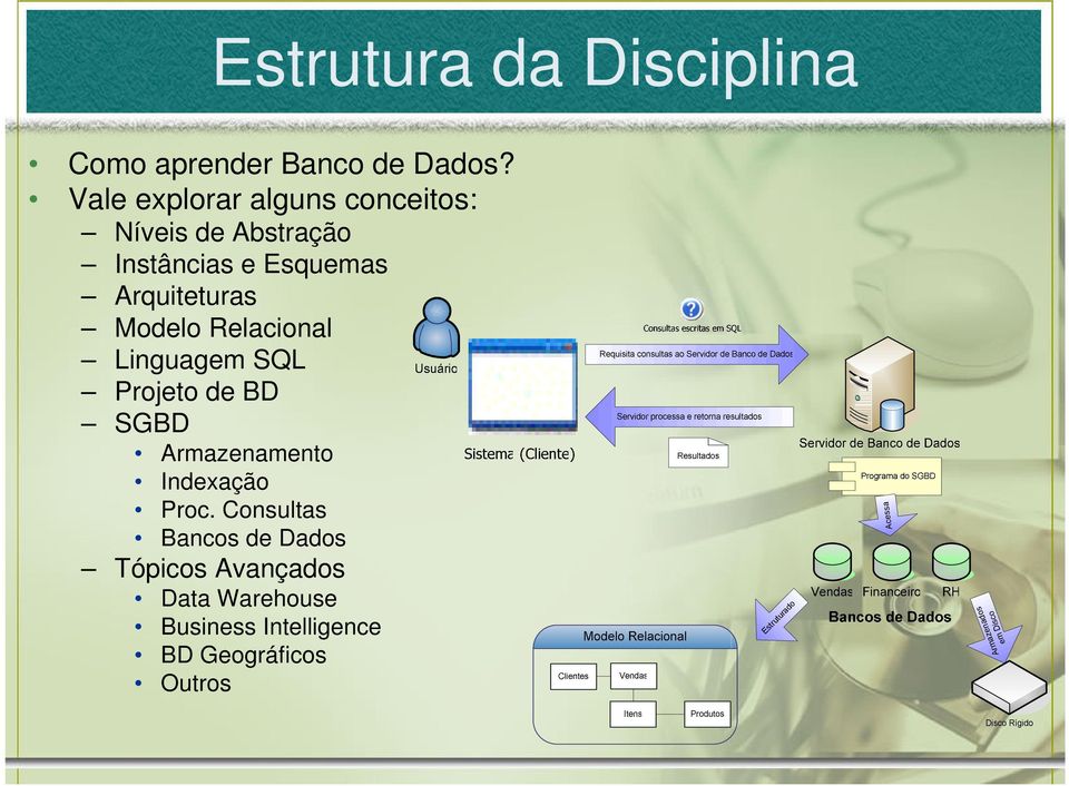 Modelo Relacional Linguagem SQL Projeto de BD SGBD Armazenamento Indexação Proc.