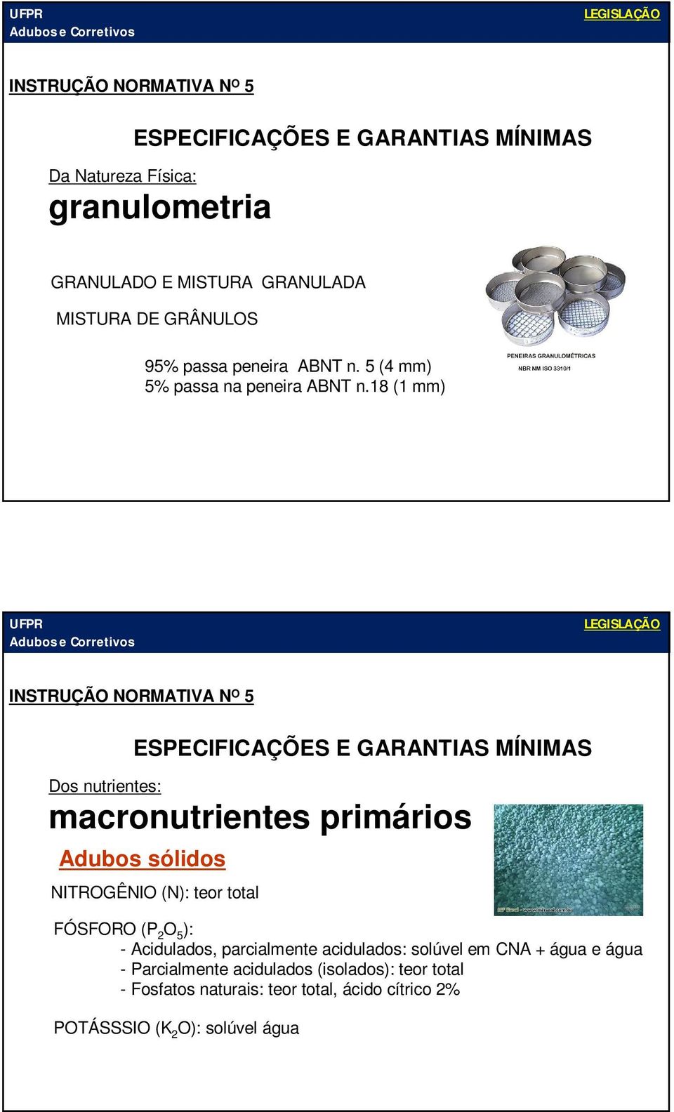 18 (1 mm) ESPECIFICAÇÕES E GARANTIAS MÍNIMAS Dos nutrientes: macronutrientes primários Adubos sólidos NITROGÊNIO (N): teor total