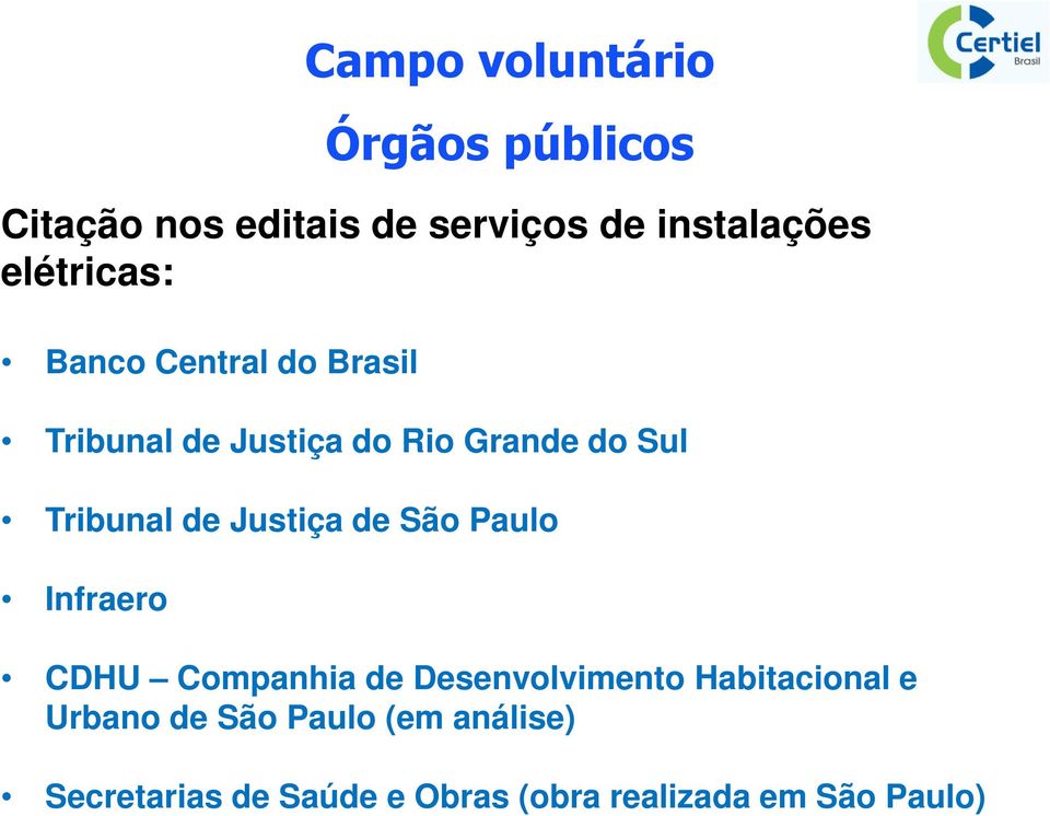 Campo voluntário Órgãos públicos CDHU Companhia de Desenvolvimento Habitacional e