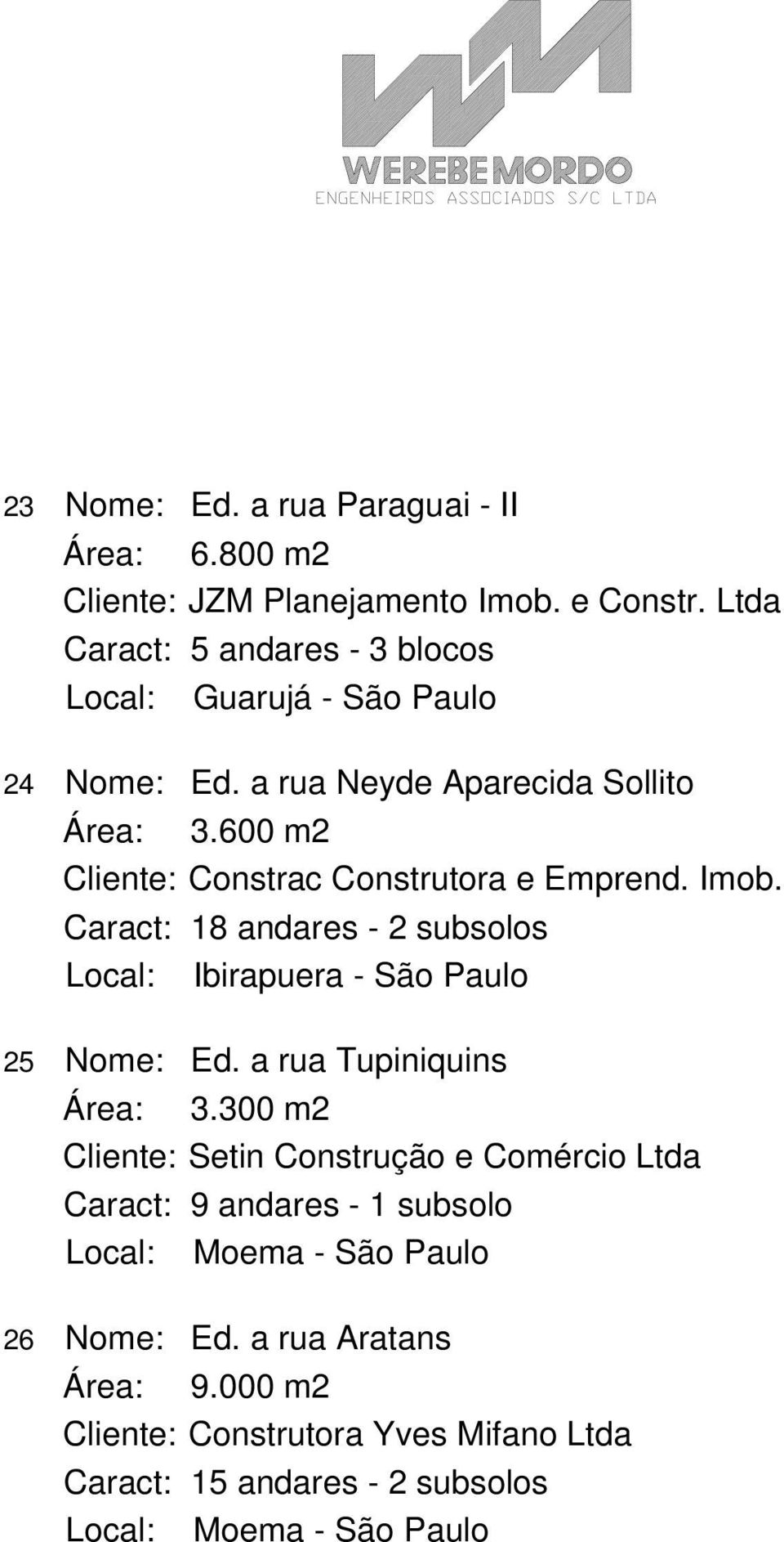 600 m2 Cliente: Constrac Construtora e Emprend. Imob. Caract: 18 andares - 2 subsolos Local: Ibirapuera - São Paulo 25 Nome: Ed.