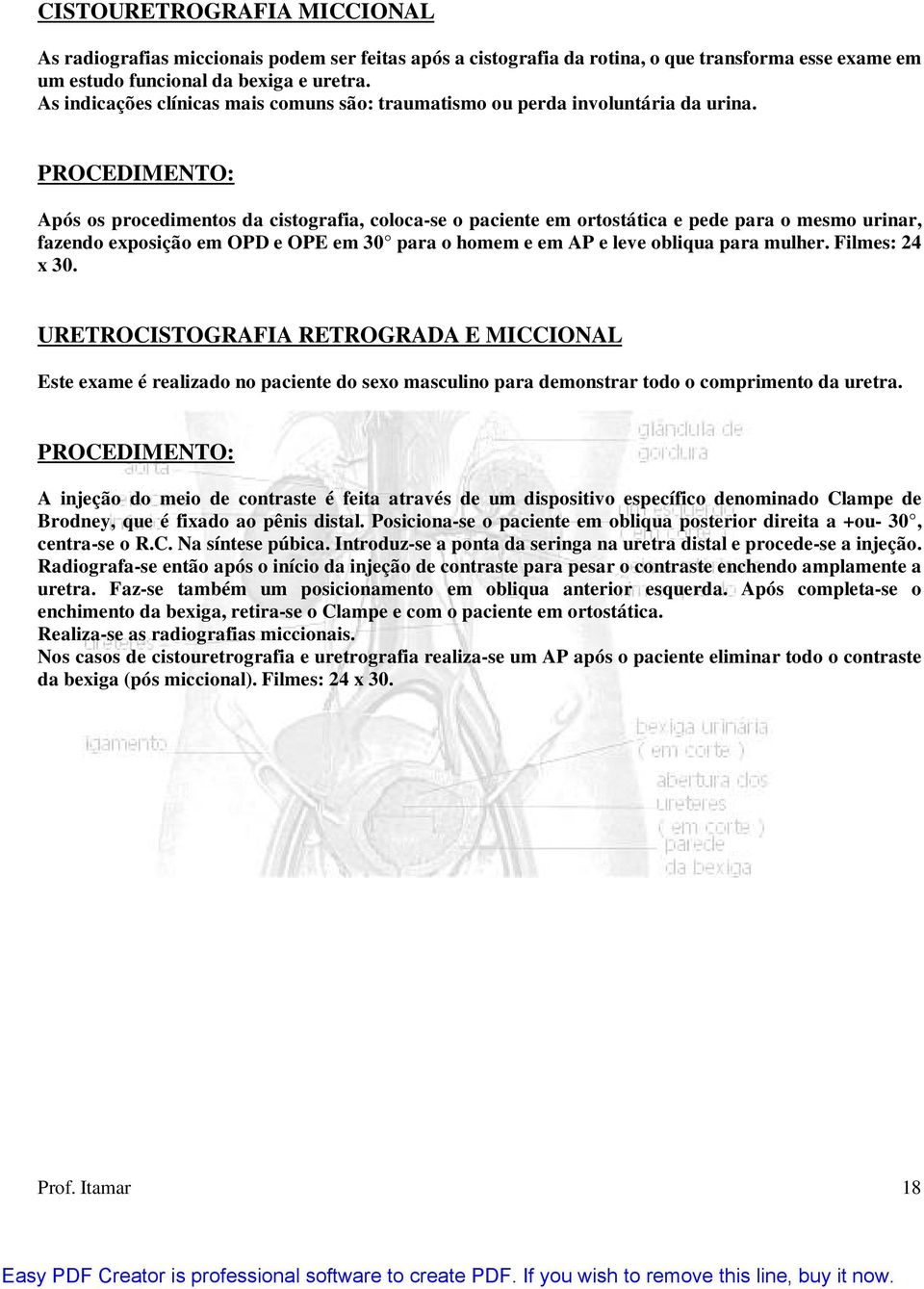 PROCEDIMENTO: Após os procedimentos da cistografia, coloca-se o paciente em ortostática e pede para o mesmo urinar, fazendo exposição em OPD e OPE em 30 para o homem e em AP e leve obliqua para