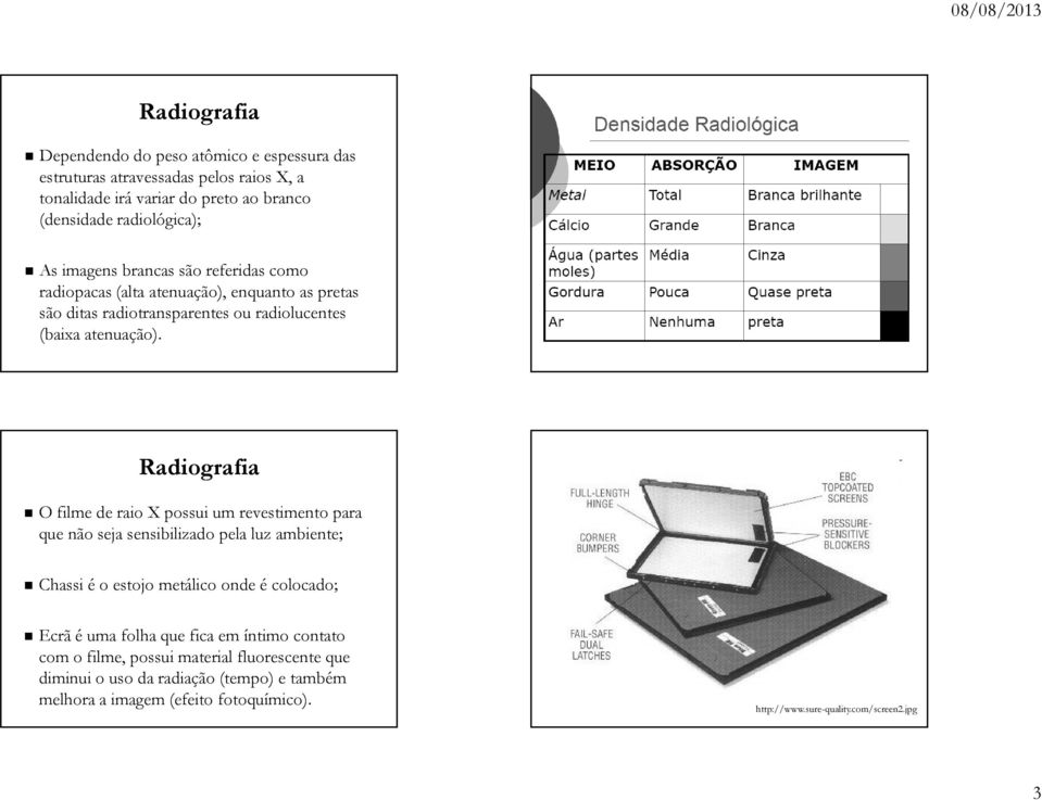 O filme de raio X possui um revestimento para que não seja sensibilizado pela luz ambiente; Chassi é o estojo metálico onde é colocado; Ecrã é uma folha que fica