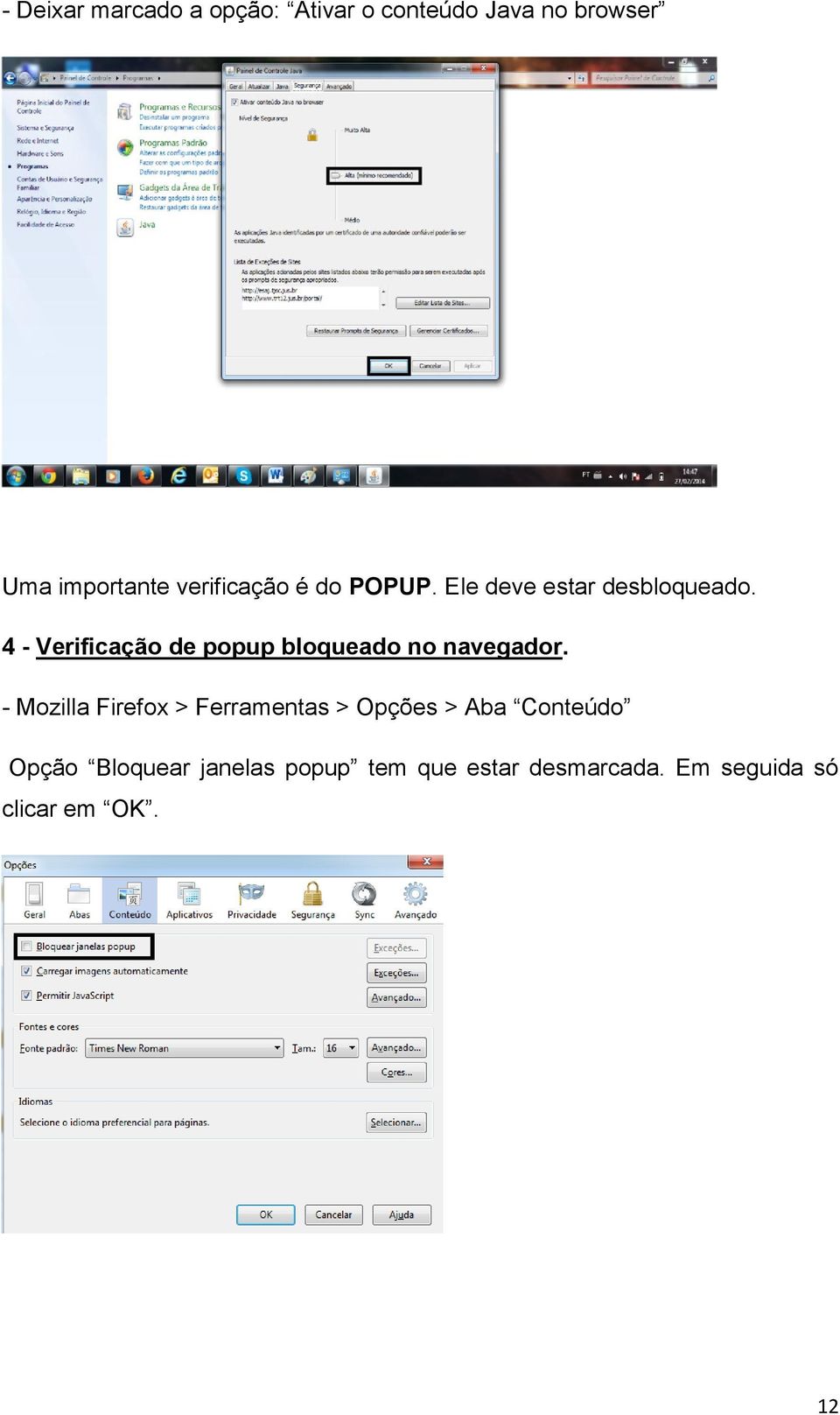 4 - Verificação de popup bloqueado no navegador.