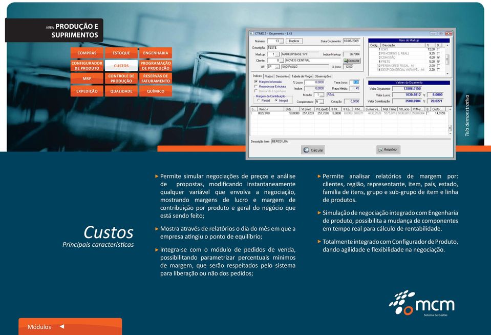 negócio que está sendo feito; Mostra através de relatórios o dia do mês em que a empresa atingiu o ponto de equilíbrio; Integra-se com o módulo de pedidos de venda, possibilitando parametrizar