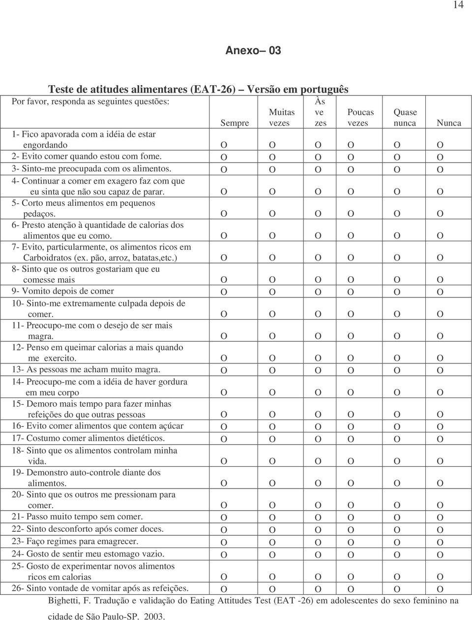 O O O O O O 4- Continuar a comer em exagero faz com que eu sinta que não sou capaz de parar. O O O O O O 5- Corto meus alimentos em pequenos pedaços.