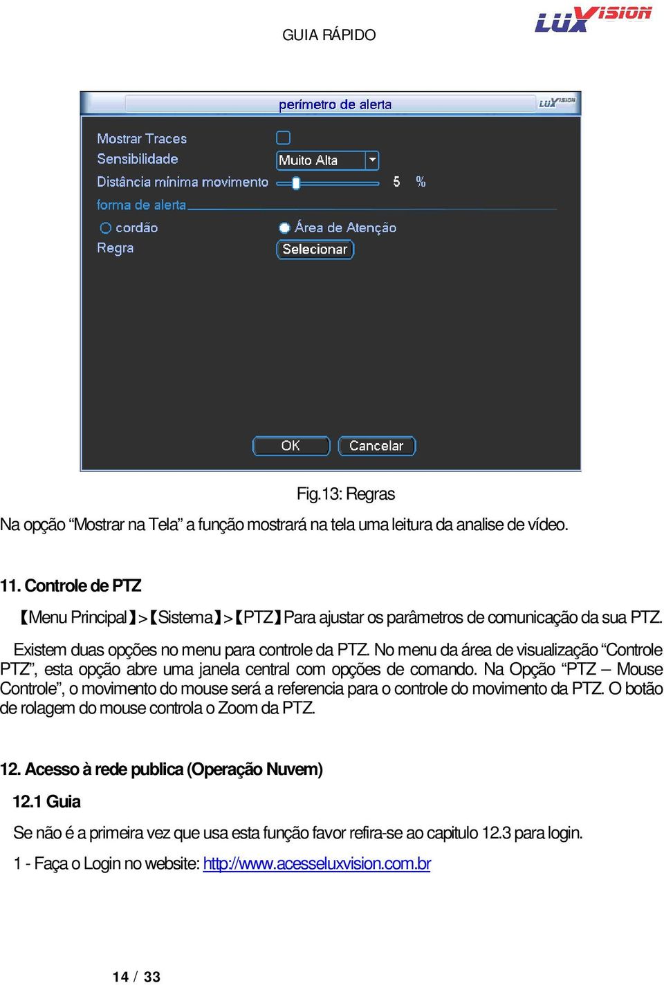 No menu da área de visualização Controle PTZ, esta opção abre uma janela central com opções de comando.