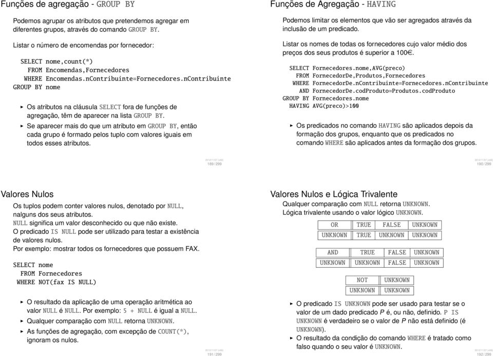 nContribuinte GROUP BY nome Os atributos na cláusula SELECT fora de funções de agregação, têm de aparecer na lista GROUP BY.