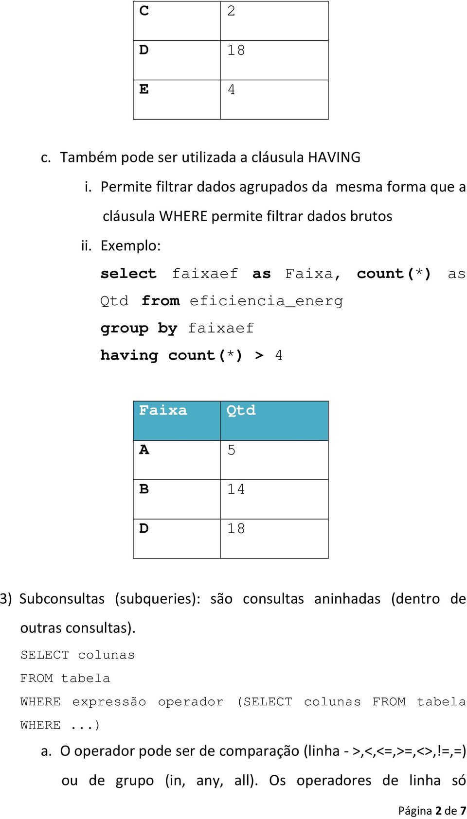 Exemplo: select faixaef as Faixa, count(*) as Qtd from eficiencia_energ group by faixaef having count(*) > 4 Faixa Qtd A 5 B 14 D 18 3) Subconsultas