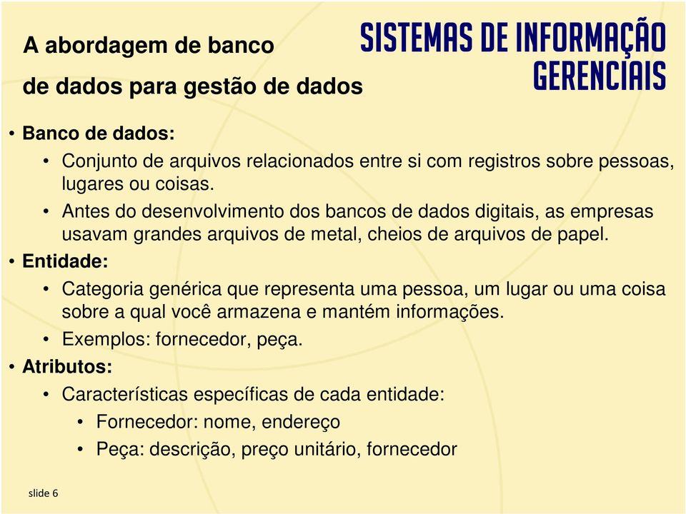 Entidade: Categoria genérica que representa uma pessoa, um lugar ou uma coisa sobre a qual você armazena e mantém informações. Exemplos: fornecedor, peça.