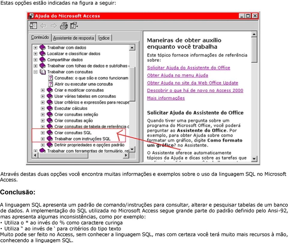 A implementação do SQL utilizada no Microsoft Access segue grande parte do padrão definido pelo Ansi-92, mas apresenta algumas inconsistências, como por exemplo: Utiliza o * ao