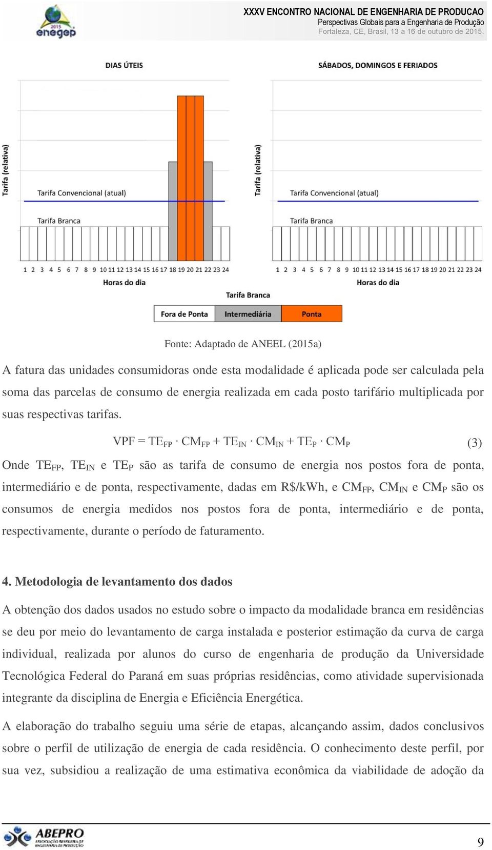 (3) Onde TE FP, TE IN e TE P são as tarifa de consumo de energia nos postos fora de ponta, intermediário e de ponta, respectivamente, dadas em R$/kWh, e CM FP, CM IN e CM P são os consumos de energia