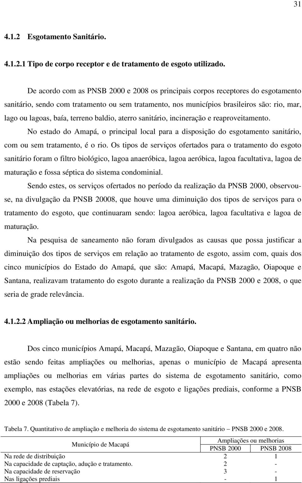 terreno baldio, aterro sanitário, incineração e reaproveitamento. No estado do Amapá, o principal local para a disposição do esgotamento sanitário, com ou sem tratamento, é o rio.