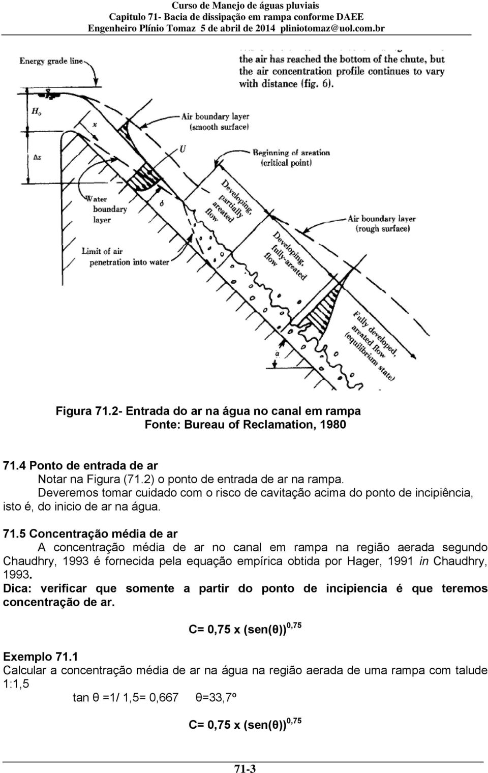 5 Concentração média de ar A concentração média de ar no canal em rampa na região aerada segundo Chaudhry, 1993 é fornecida pela equação empírica obtida por Hager, 1991 in Chaudhry, 1993.