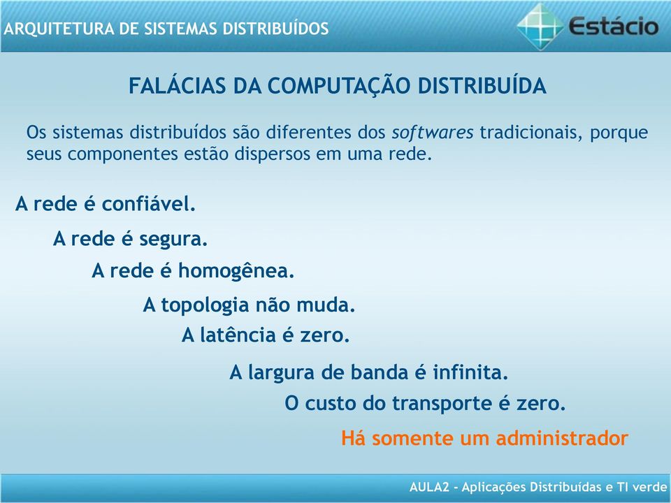 A rede é confiável. A rede é segura. A rede é homogênea. A topologia não muda.