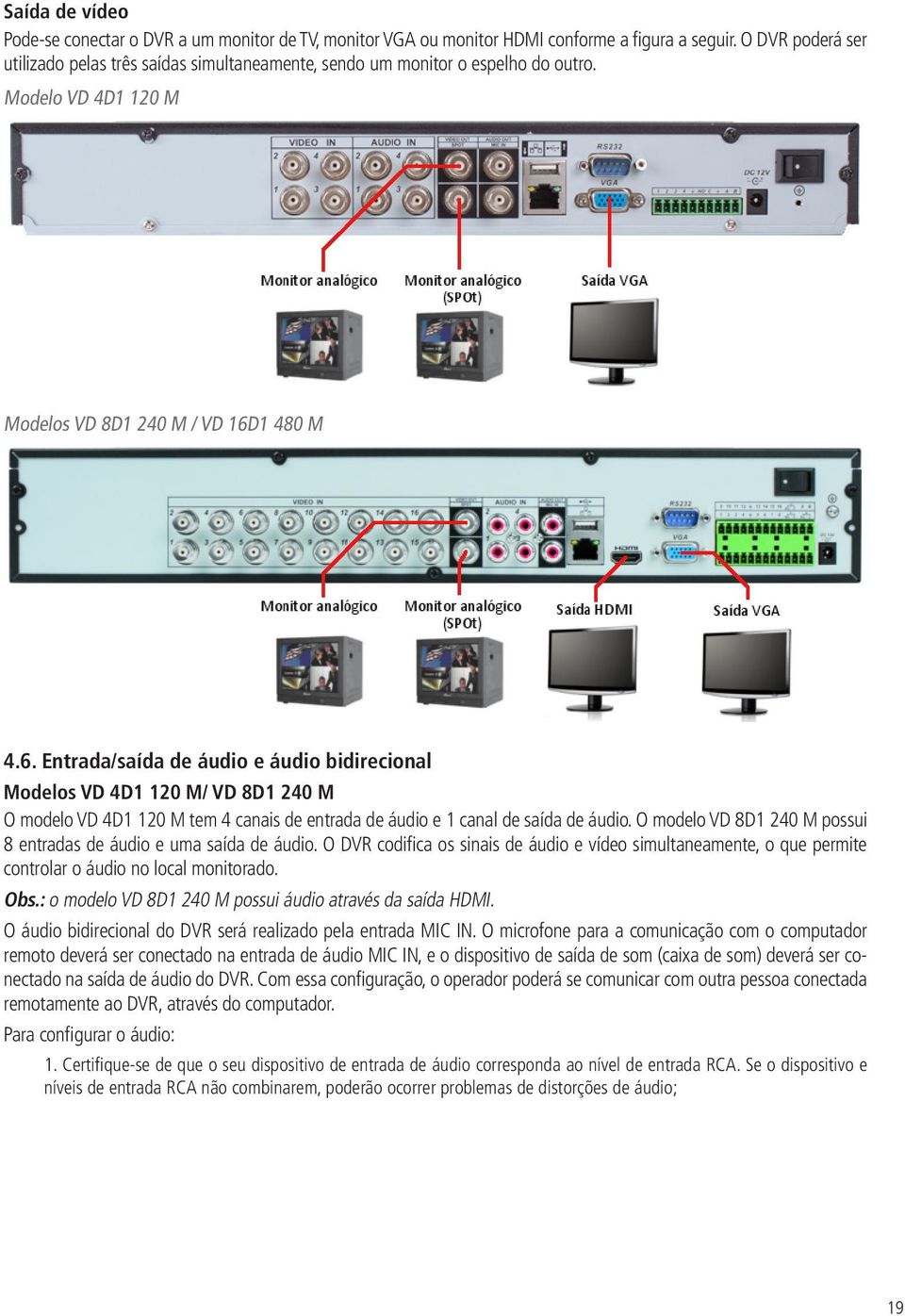 1 480 M 4.6. Entrada/saída de áudio e áudio bidirecional Modelos VD 4D1 120 M/ VD 8D1 240 M O modelo VD 4D1 120 M tem 4 canais de entrada de áudio e 1 canal de saída de áudio.