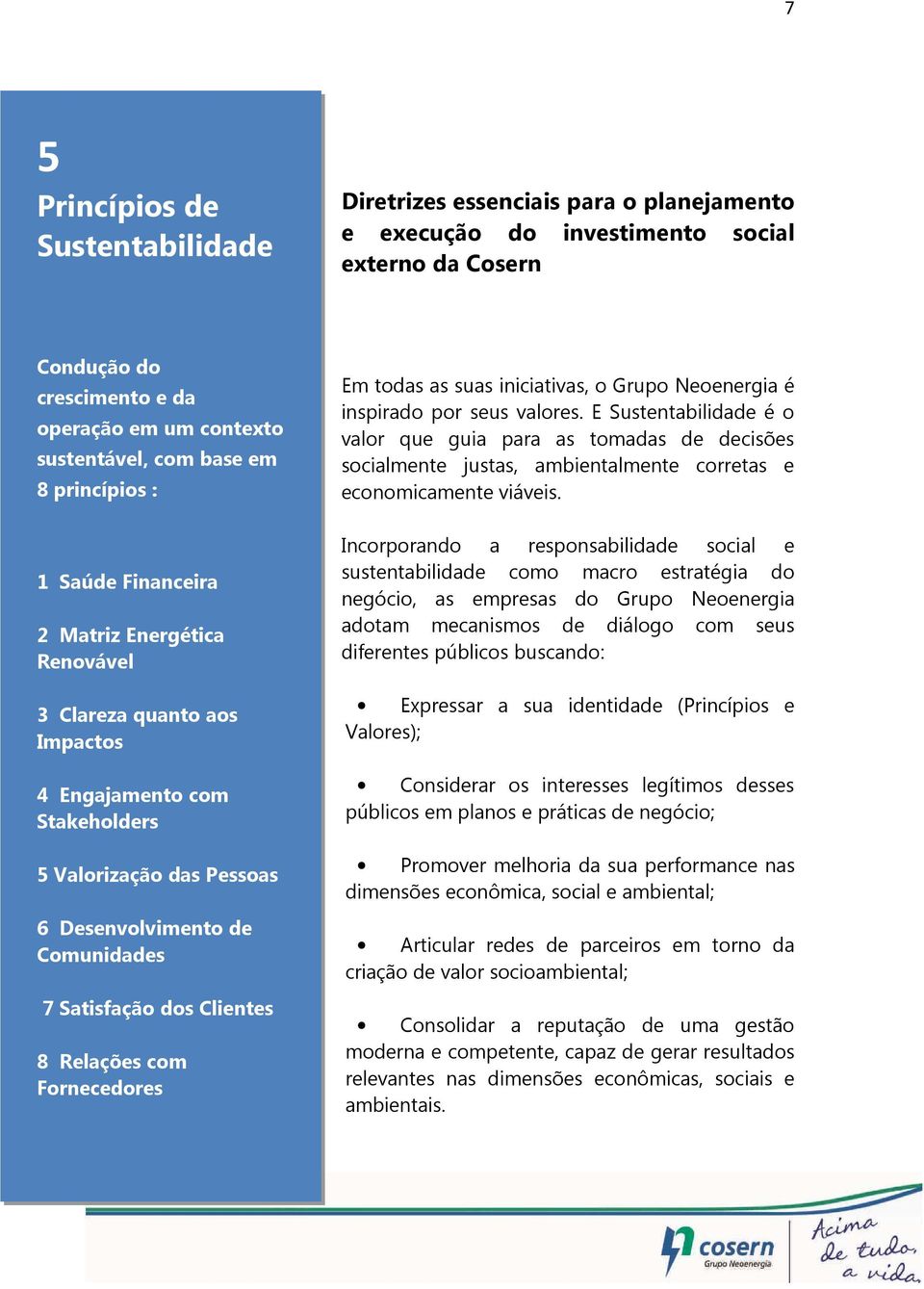 Satisfação dos Clientes 8 Relações com Fornecedores Em todas as suas iniciativas, o Grupo Neoenergia é inspirado por seus valores.