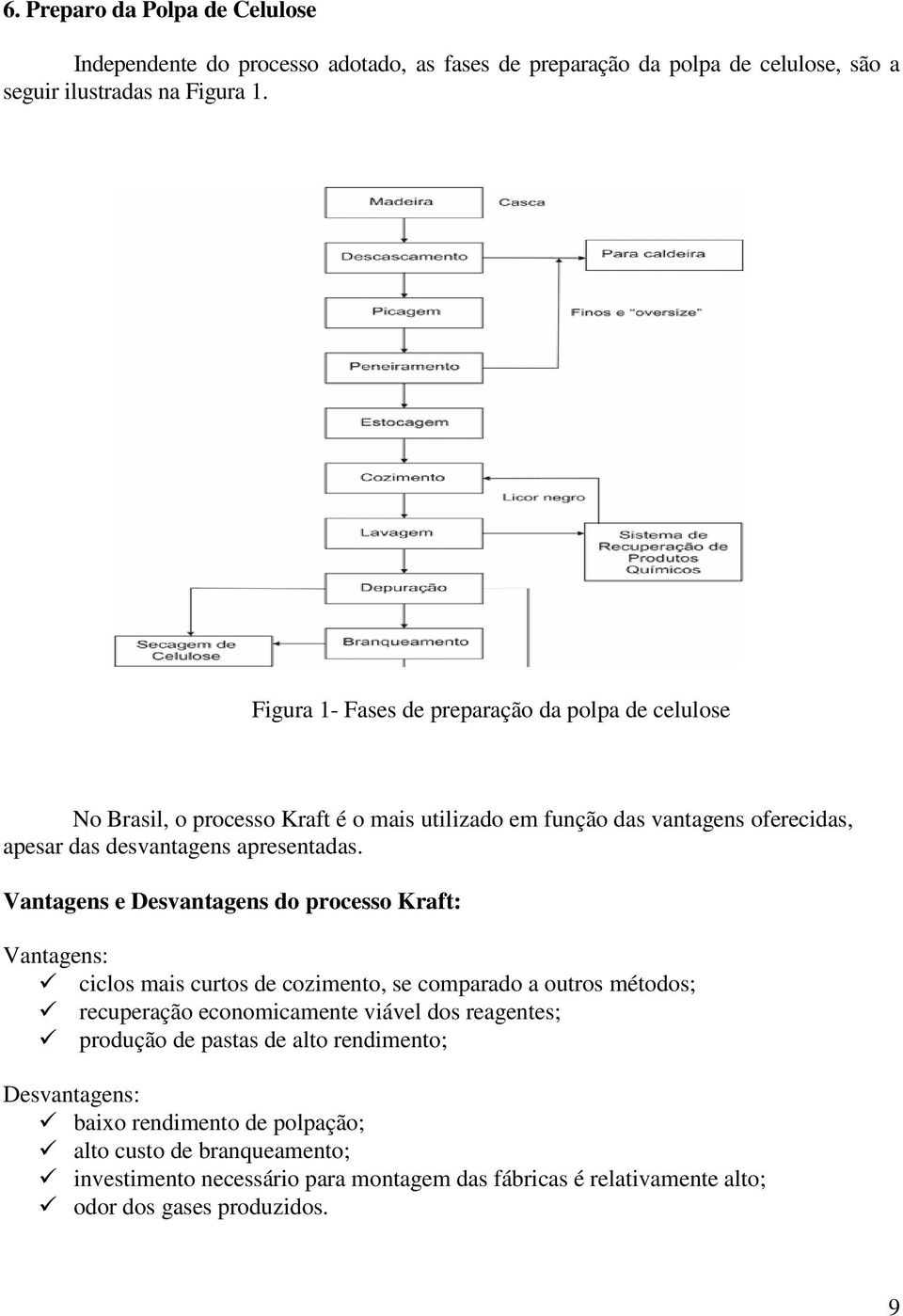 Vantagens e Desvantagens do processo Kraft: Vantagens: ciclos mais curtos de cozimento, se comparado a outros métodos; recuperação economicamente viável dos reagentes;