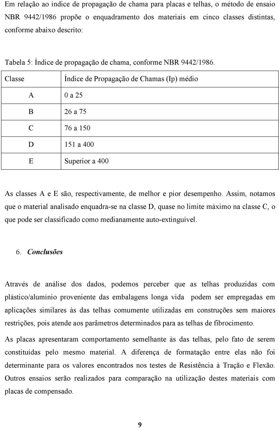 Classe Índice de Propagação de Chamas (Ip) médio A 0 a 25 B 26 a 75 C 76 a 150 D 151 a 400 E Superior a 400 As classes A e E são, respectivamente, de melhor e pior desempenho.