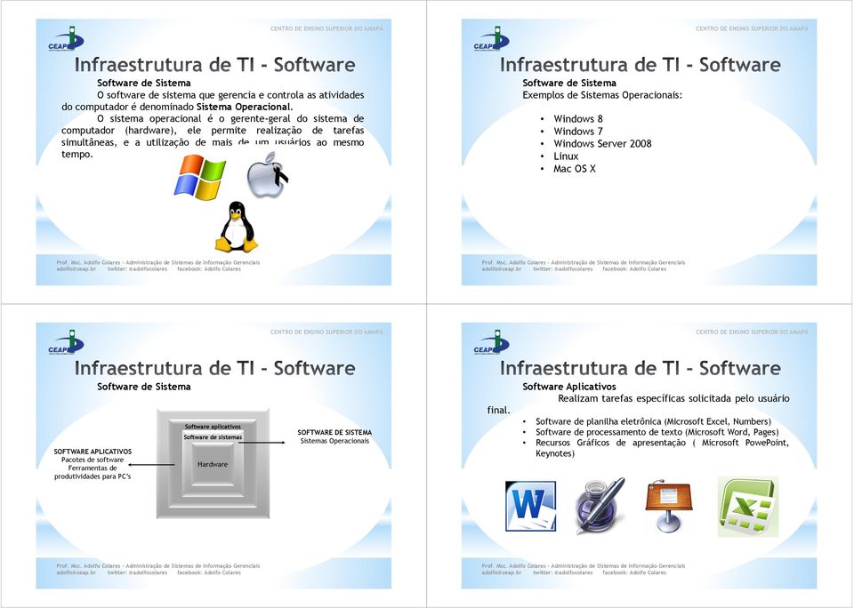 Software de Sistema Exemplos de Sistemas Operacionais: Windows 8 Windows 7 Windows Server 2008 Linux Mac OS X SOFTWARE APLICATIVOS Pacotes de software Ferramentas de produtividades para PC s Software