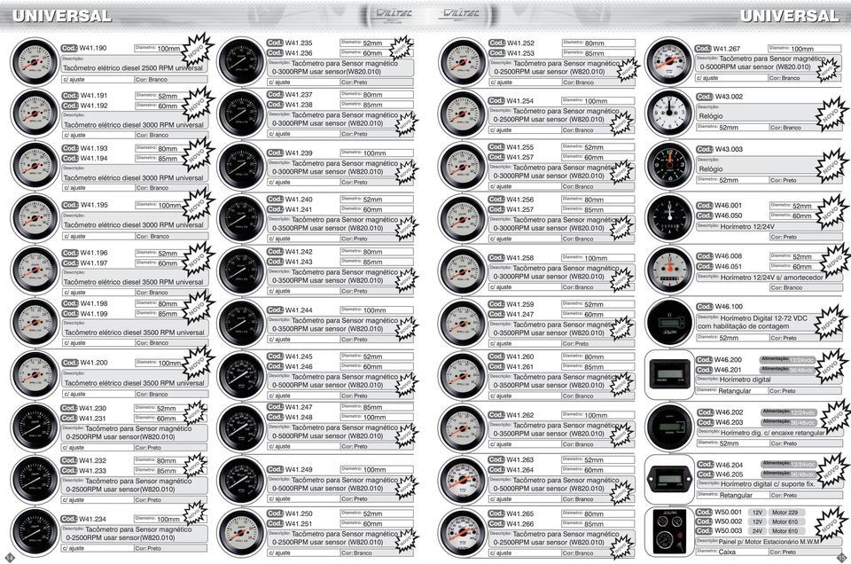 010) Relógio W41.195 W41.240 W41.241 W41.256 W41.257 0-3000RPM usar sensor (W820.010) Horímetro 12/24V W41.196 W41.197 W41.242 W41.243 W41.258 0-3000RPM usar sensor (W820.010) W46.008 W46.