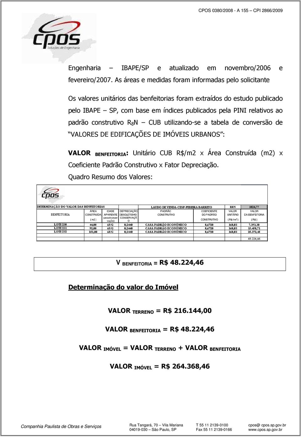 PINI relativos ao padrão construtivo R 8 N CUB utilizando-se a tabela de conversão de VALORES DE EDIFICAÇÕES DE IMÓVEIS URBANOS : VALOR BENFEITORIA : Unitário CUB R$/m2 x Área