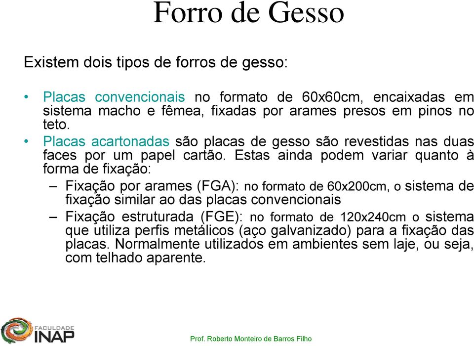 Estas ainda podem variar quanto à forma de fixação: Fixação por arames (FGA): no formato de 60x200cm, o sistema de fixação similar ao das placas convencionais