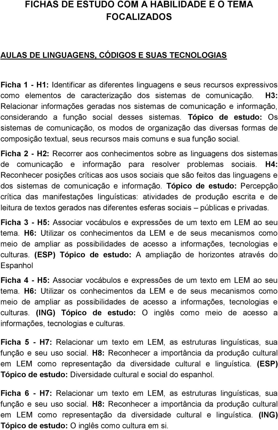 Tópico de estudo: Os sistemas de comunicação, os modos de organização das diversas formas de composição textual, seus recursos mais comuns e sua função social.