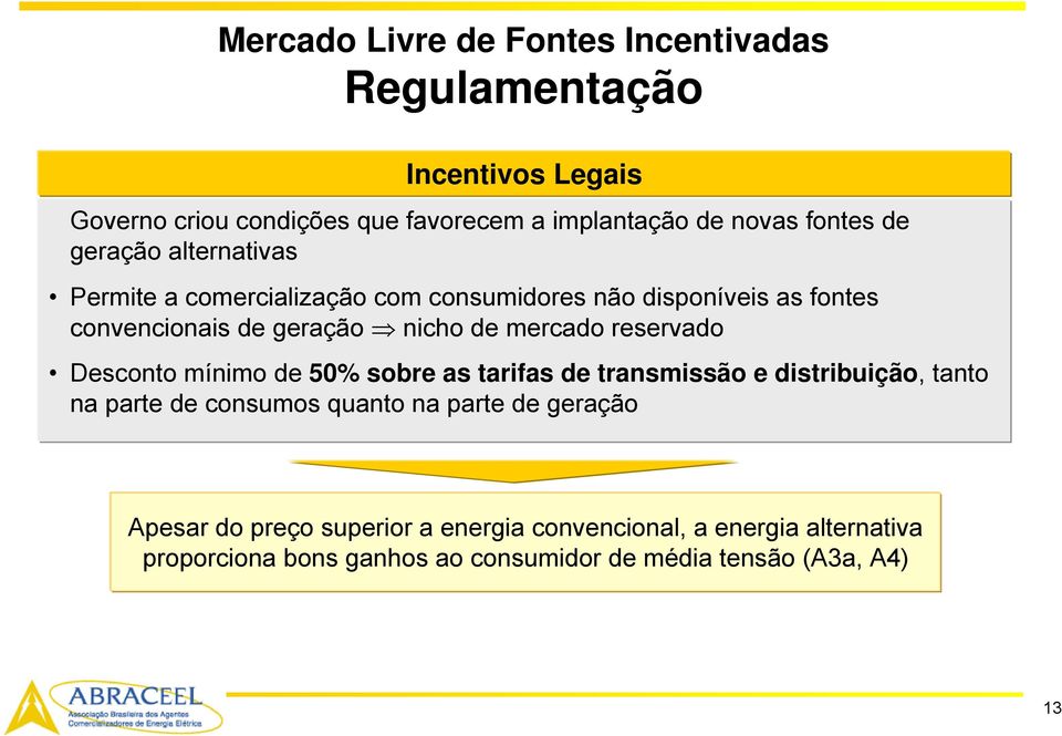 mercado reservado Desconto mínimo de 50% sobre as tarifas de transmissão e distribuição, tanto na parte de consumos quanto na parte de