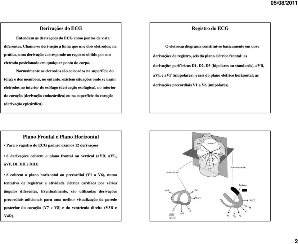 Normalmente os eletrodos são colocados na superfície do tórax e dos membros, no entanto, existem situações onde se usam eletrodos no interior do esôfago (derivação esofágica), no interior O