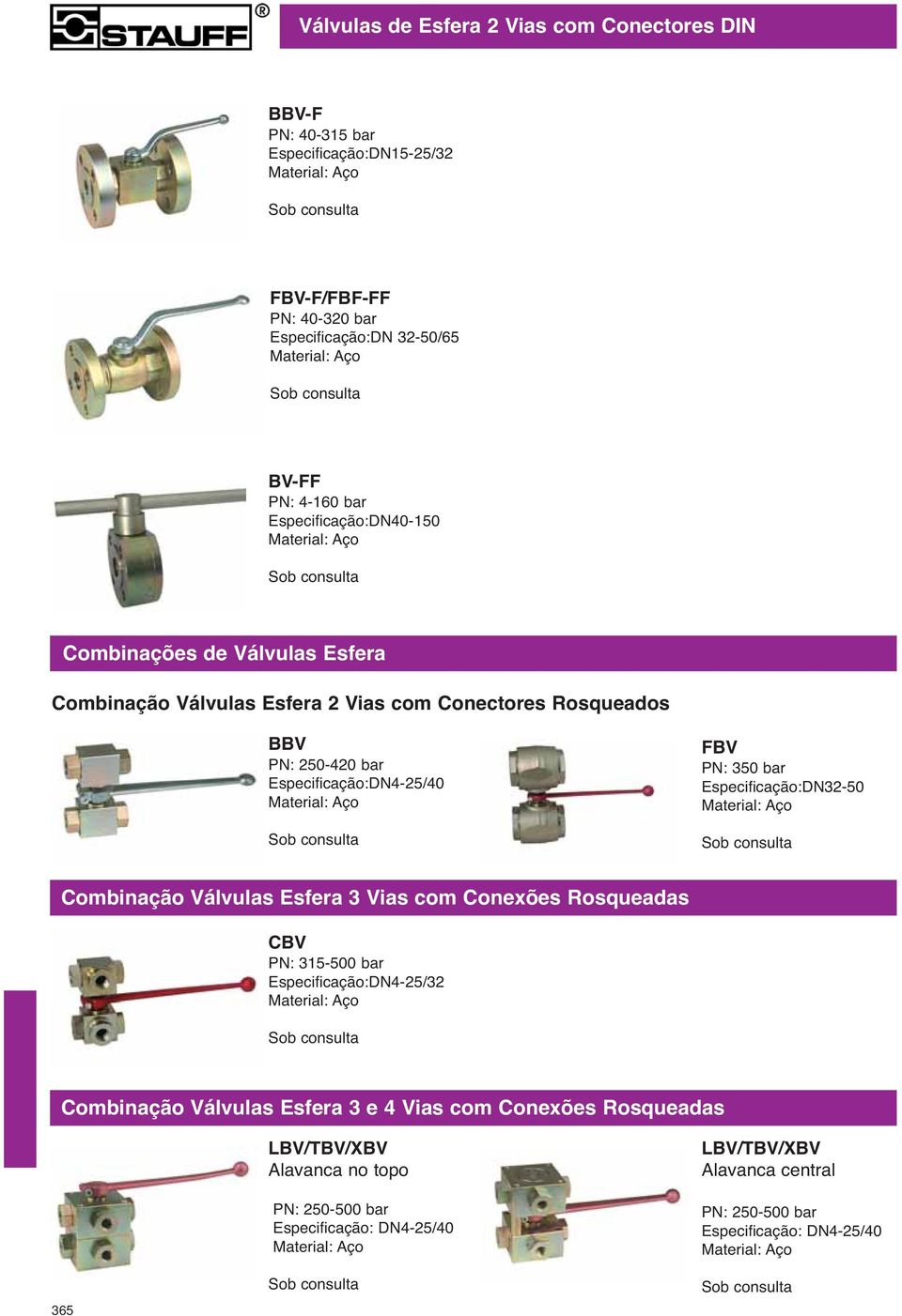 Especificação:DN4-25/40 Material: Aço Sob consulta FBV PN: 350 bar Especificação:DN32-50 Material: Aço Sob consulta Combinação Válvulas Esfera 3 Vias com Conexões Rosqueadas CBV PN: 315-500 bar