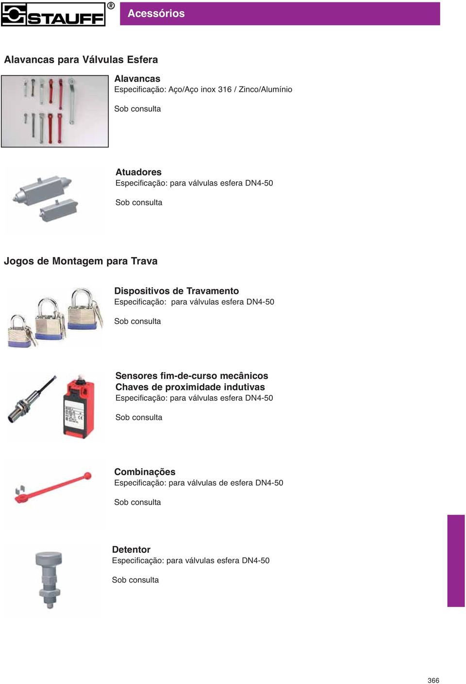 válvulas esfera DN4-50 Sob consulta Sensores fim-de-curso mecânicos Chaves de proximidade indutivas Especificação: para válvulas esfera