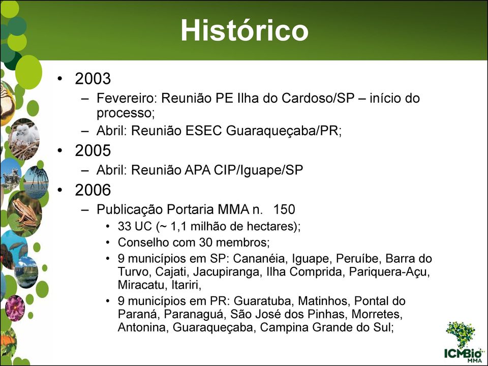 150 33 UC (~ 1,1 milhão de hectares); Conselho com 30 membros; 9 municípios em SP: Cananéia, Iguape, Peruíbe, Barra do Turvo,