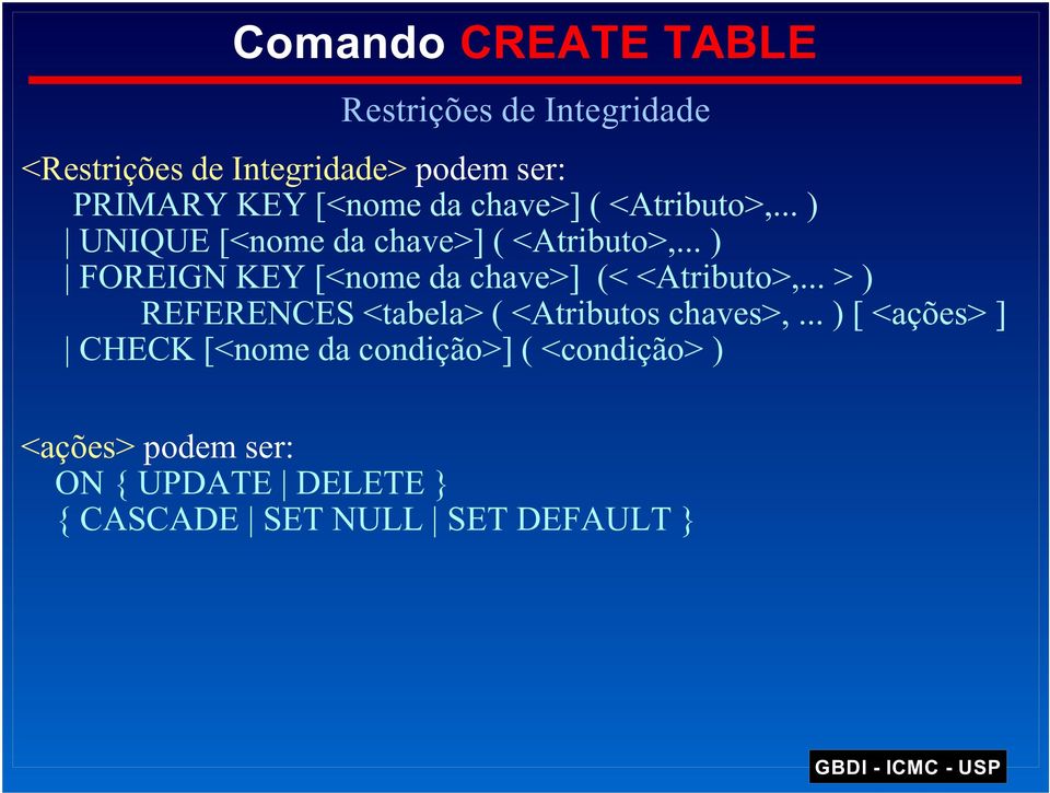 .. ) FOREIGN KEY [<nome da chave>] (< <Atributo>,... > ) REFERENCES <tabela> ( <Atributos chaves>,.