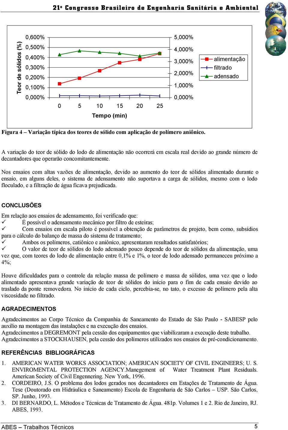 Nos ensaios com altas vazões de alimentação, devido ao aumento do teor de sólidos alimentado durante o ensaio, em alguns deles, o sistema de adensamento não suportava a carga de sólidos, mesmo com o