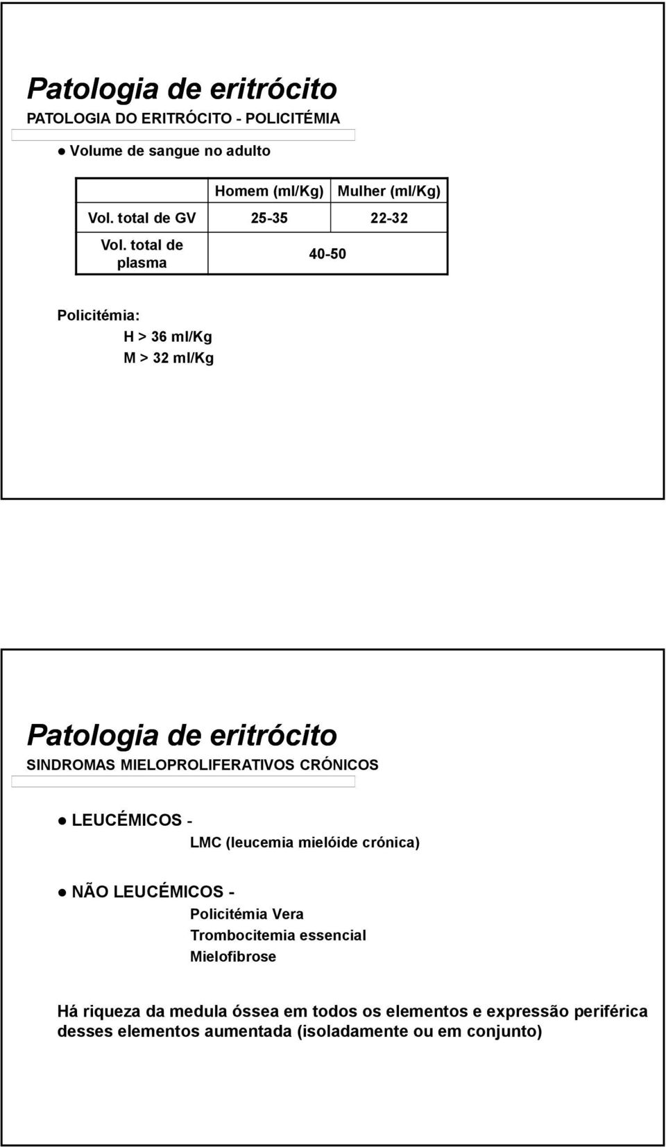 total de plasma 40-50 Policitémia: H > 36 ml/kg M > 32 ml/kg Patologia de eritrócito SINDROMAS MIELOPROLIFERATIVOS CRÓNICOS