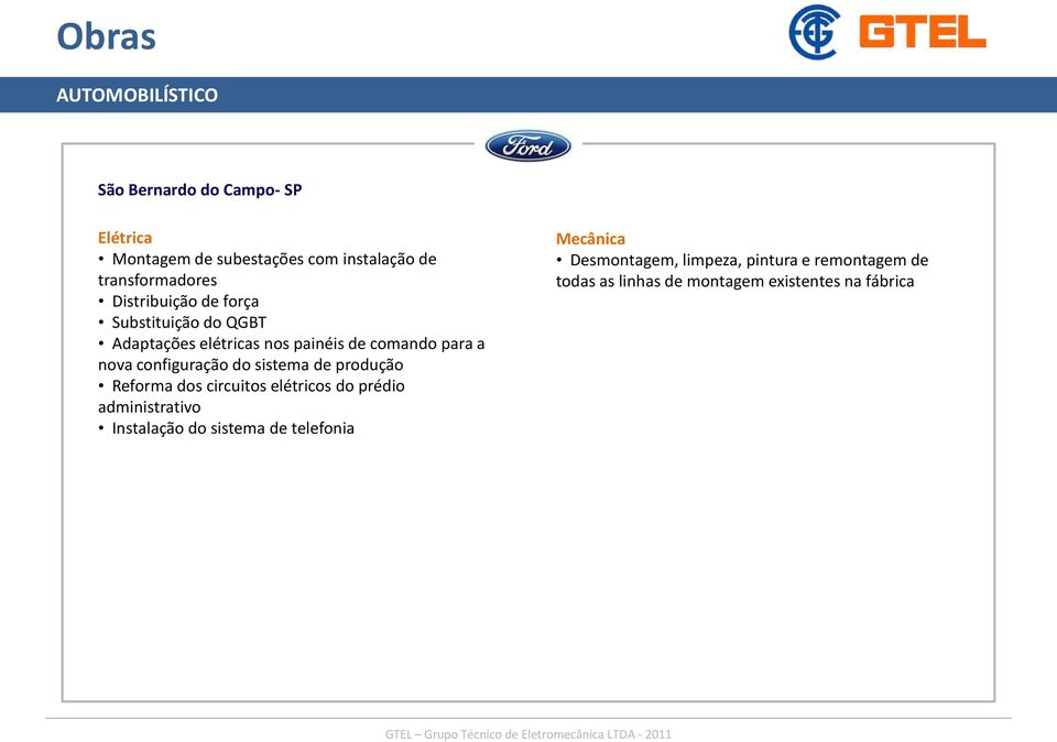 configuração do sistema de produção Reforma dos circuitos elétricos do prédio administrativo Instalação do