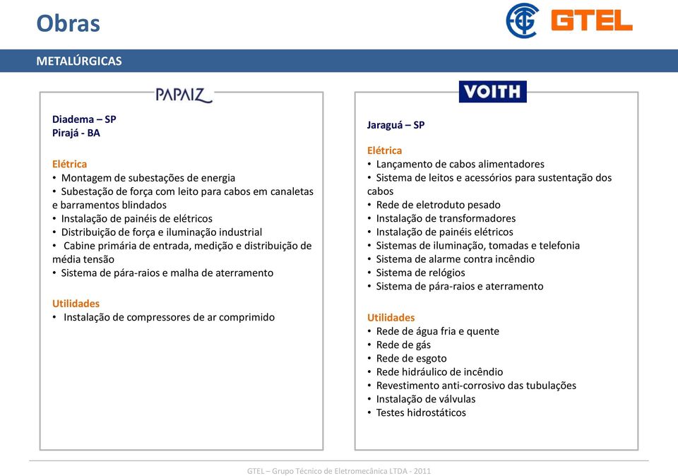 Lançamento de cabos alimentadores Sistema de leitos e acessórios para sustentação dos cabos Rede de eletroduto pesado Instalação de transformadores Instalação de painéis elétricos Sistemas de