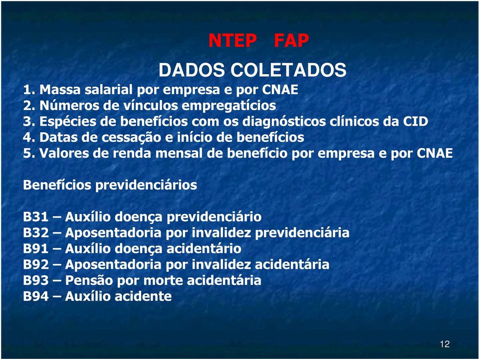 Valores de renda mensal de benefício por empresa e por CNAE Benefícios previdenciários DADOS COLETADOS B31 Auxílio doença