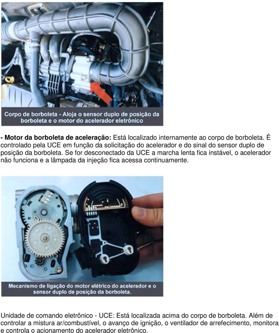 Se for desconectado da UCE a marcha lenta fica instável, o acelerador não funciona e a lâmpada da injeção fica acessa continuamente.