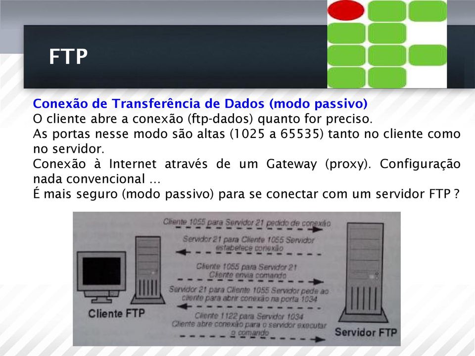 As portas nesse modo são altas (1025 a 65535) tanto no cliente como no servidor.