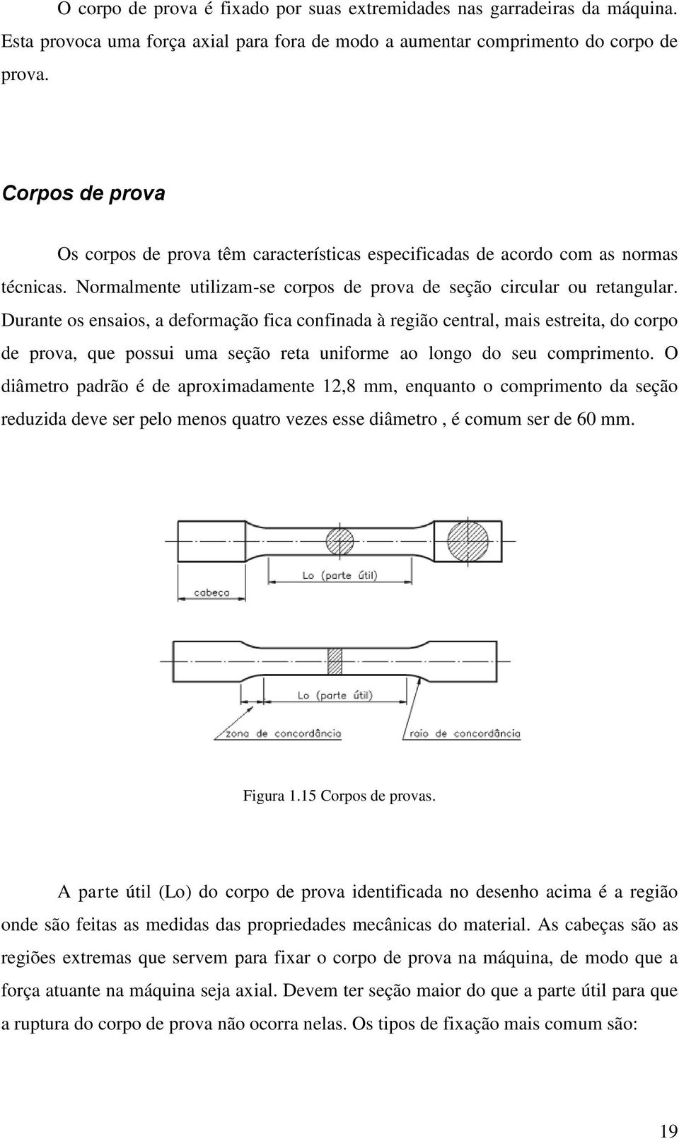 Durante os ensaios, a deformação fica confinada à região central, mais estreita, do corpo de prova, que possui uma seção reta uniforme ao longo do seu comprimento.