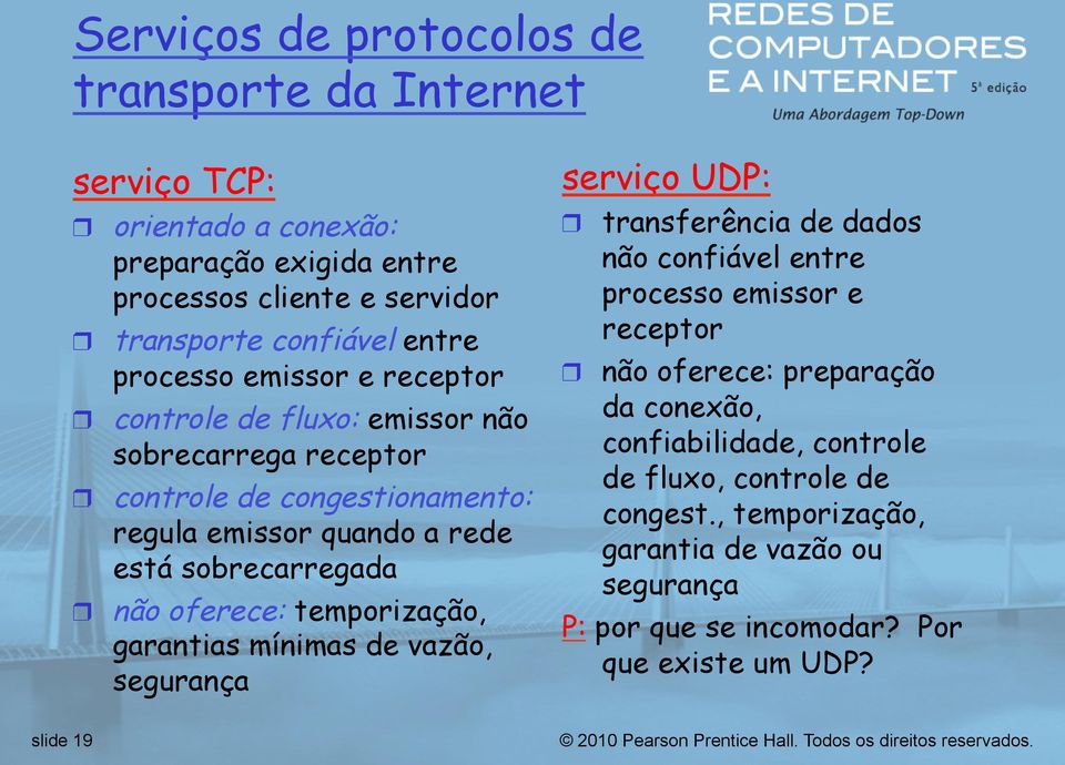 oferece: temporização, garantias mínimas de vazão, segurança serviço UDP: transferência de dados não confiável entre processo emissor e receptor não oferece: