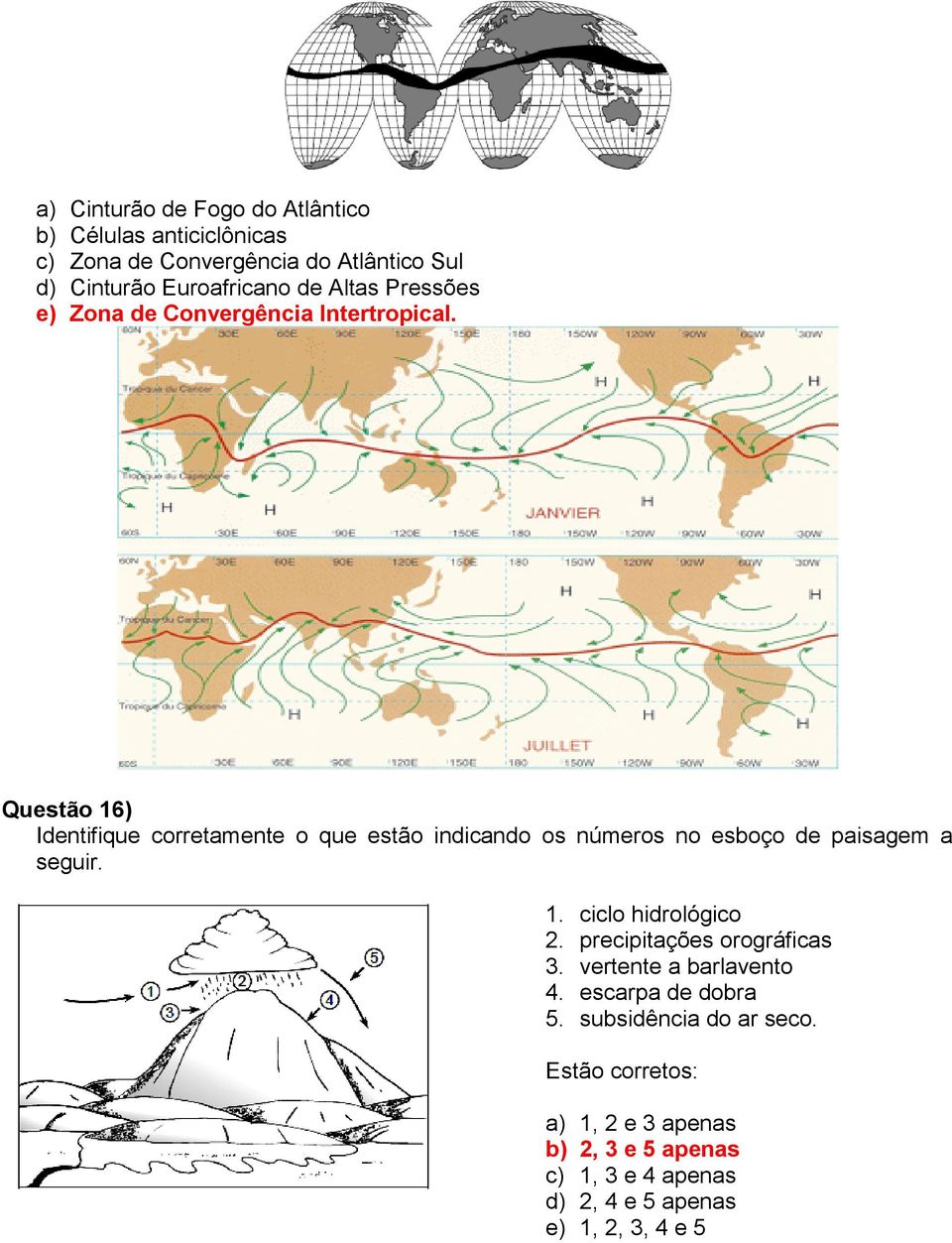 Questão 16) Identifique corretamente o que estão indicando os números no esboço de paisagem a seguir. 1. ciclo hidrológico 2.