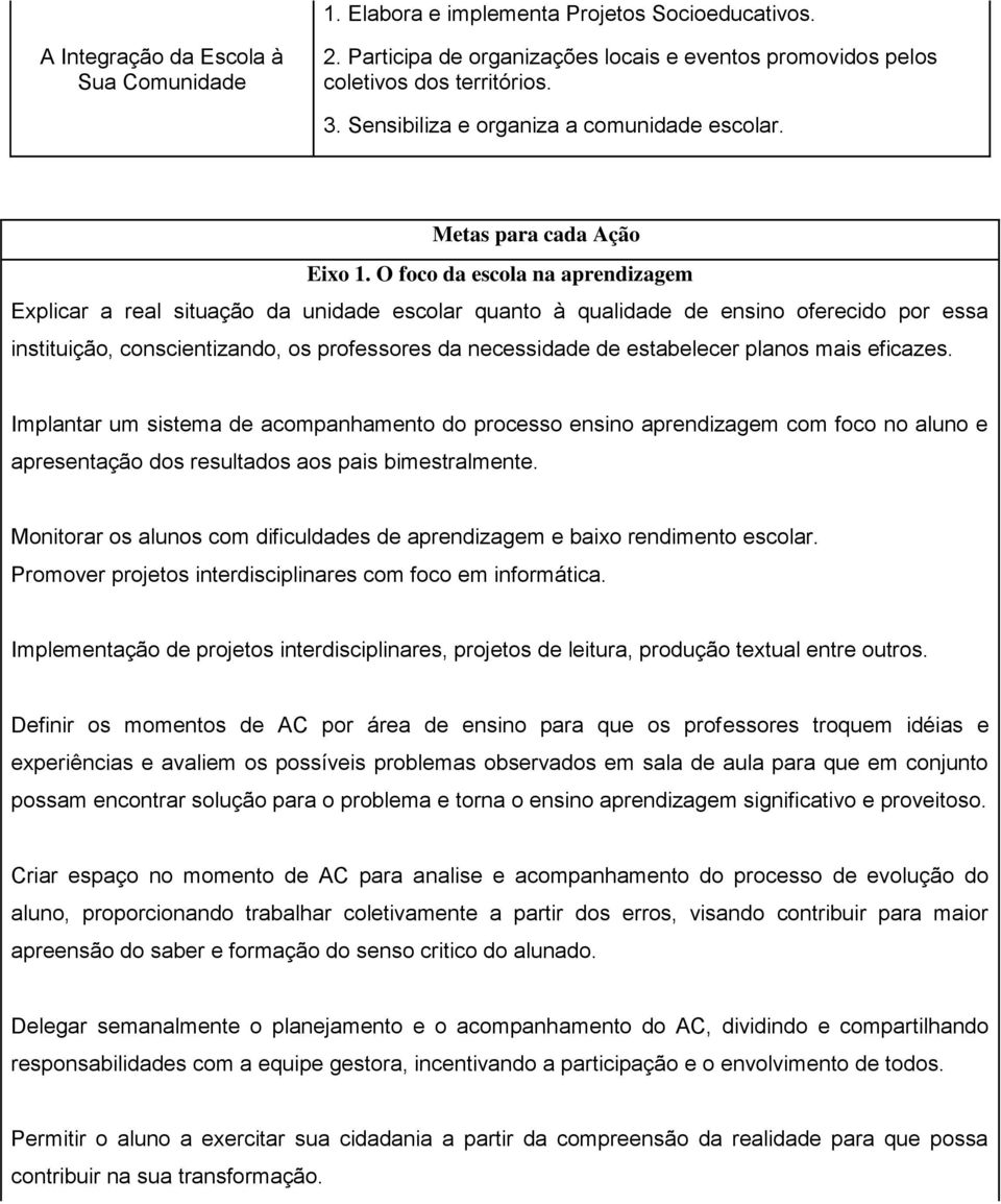 O foco da escola na aprendizagem Explicar a real situação da unidade escolar quanto à qualidade de ensino oferecido por essa instituição, conscientizando, os professores da necessidade de estabelecer