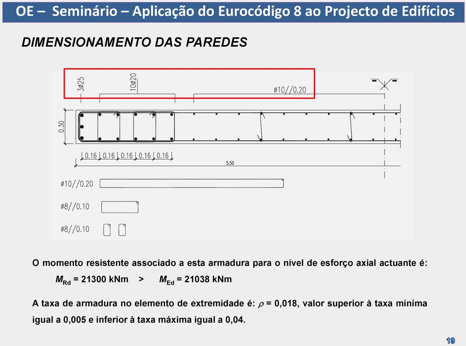 Ed = 21038 knm A taxa de armadura no elemento de extremidade é: = 0,018,