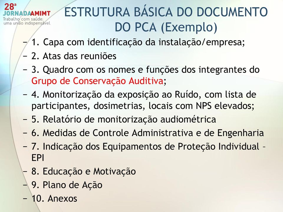 Monitorização da exposição ao Ruído, com lista de participantes, dosimetrias, locais com NPS elevados; 5.