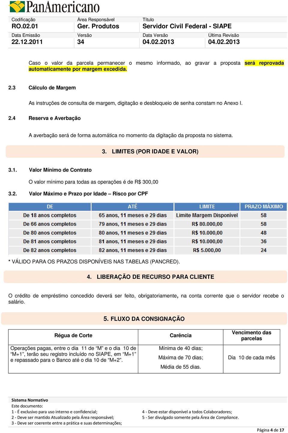 4 Reserva e Averbação A averbação será de forma automática no momento da digitação da proposta no sistema. 3. LIMITES (POR IDADE E VALOR) 3.1.